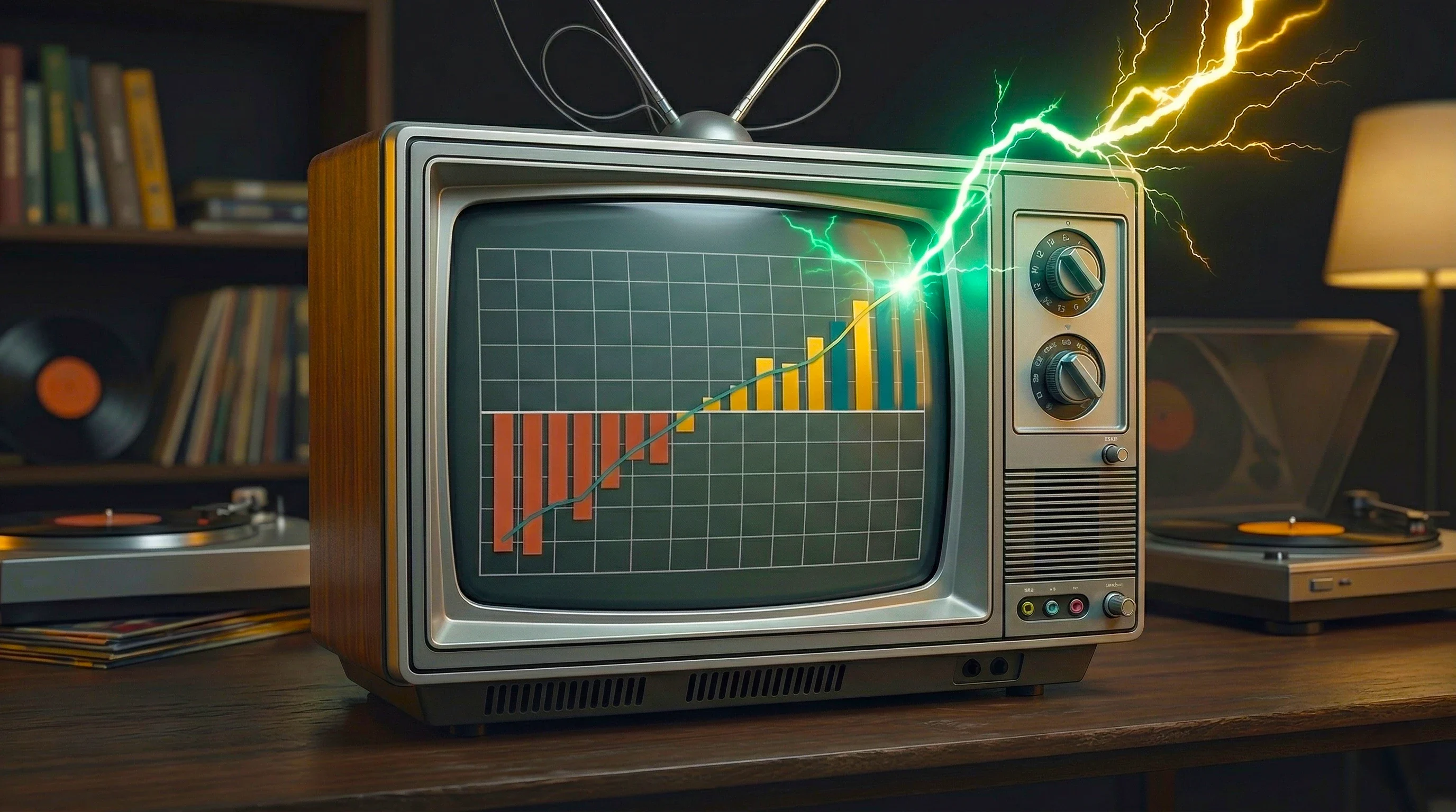 YouTube analytics dashboard showing competitor sentiment trend data on a vintage TV